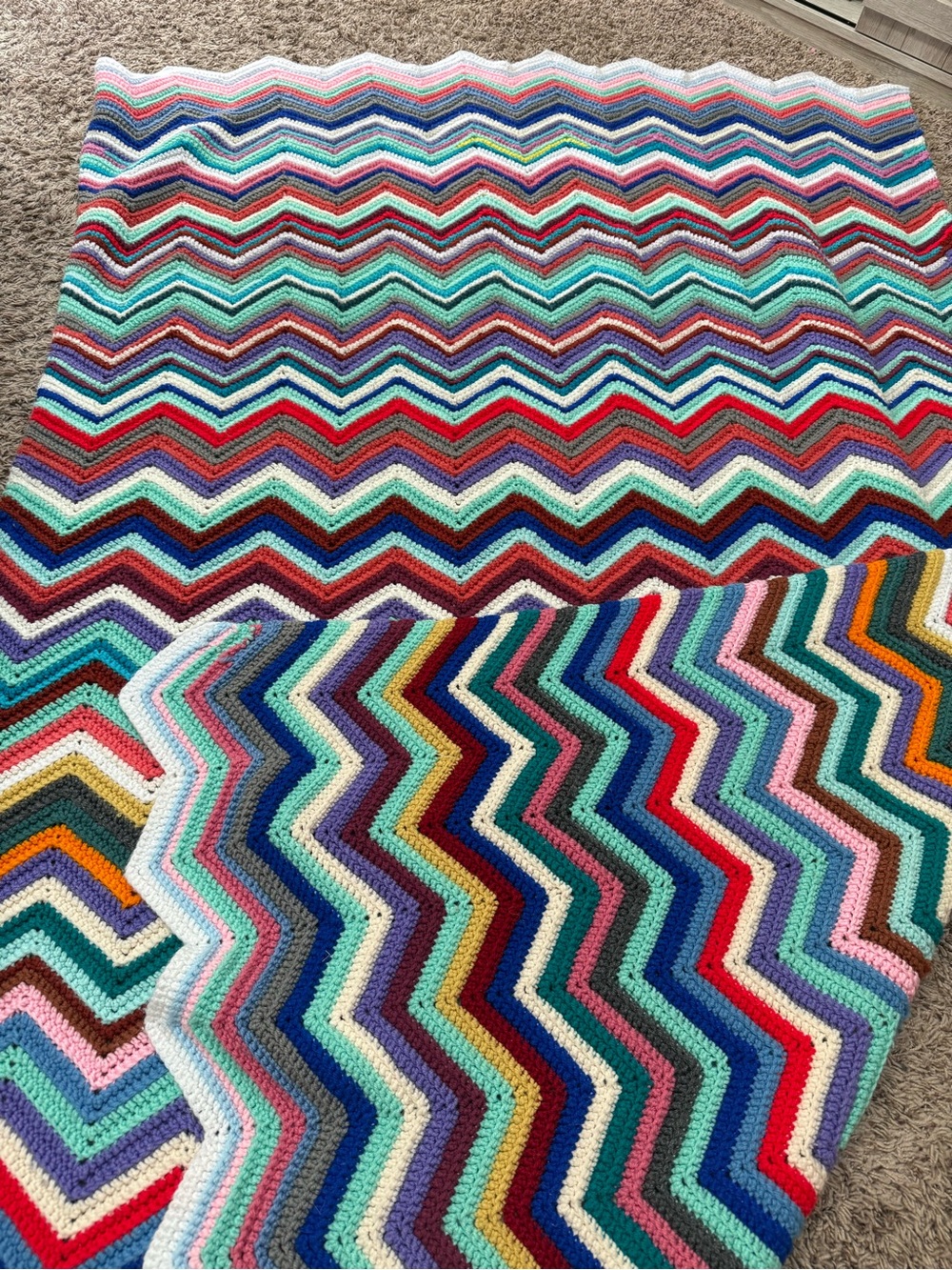 Vintage Style Large handmade Crochet Afghan Blanket -70s Ripple Chevron Zig Zag